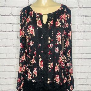 White House Black Market Womens Black Red Floral Lace Trim Blouse Top Sz Medium